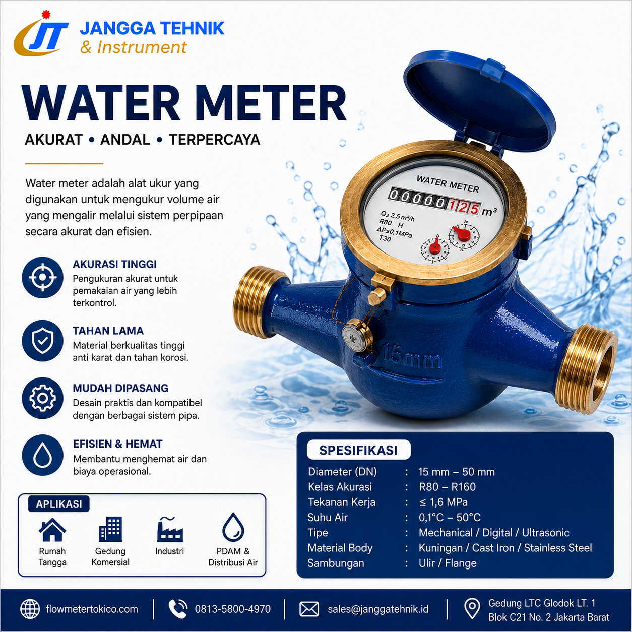 Water meter untuk mengukur volume dan penggunaan air pada sistem perpipaan